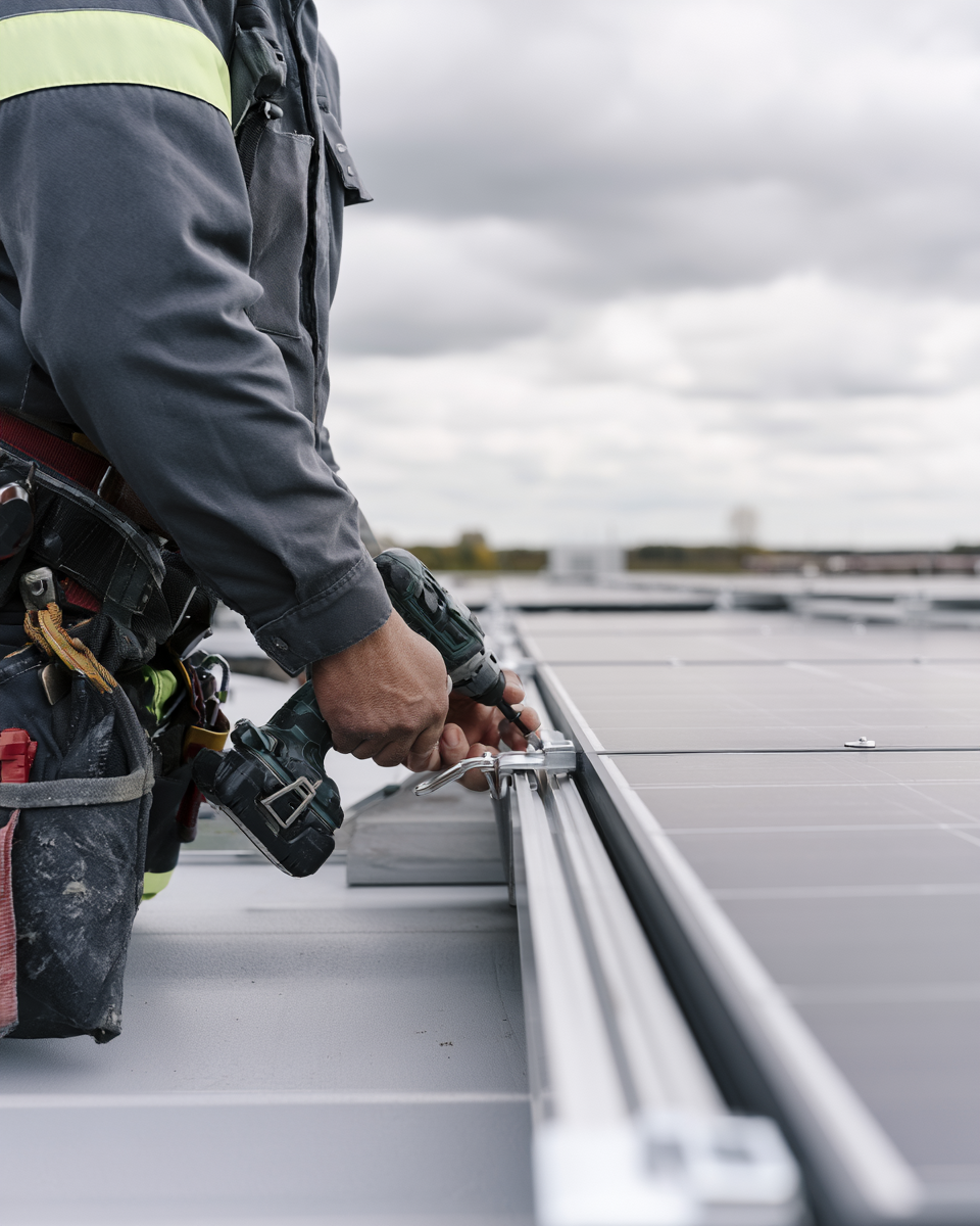 Installateur zet met een boormachine zonnepanelen vast op een plat dak
