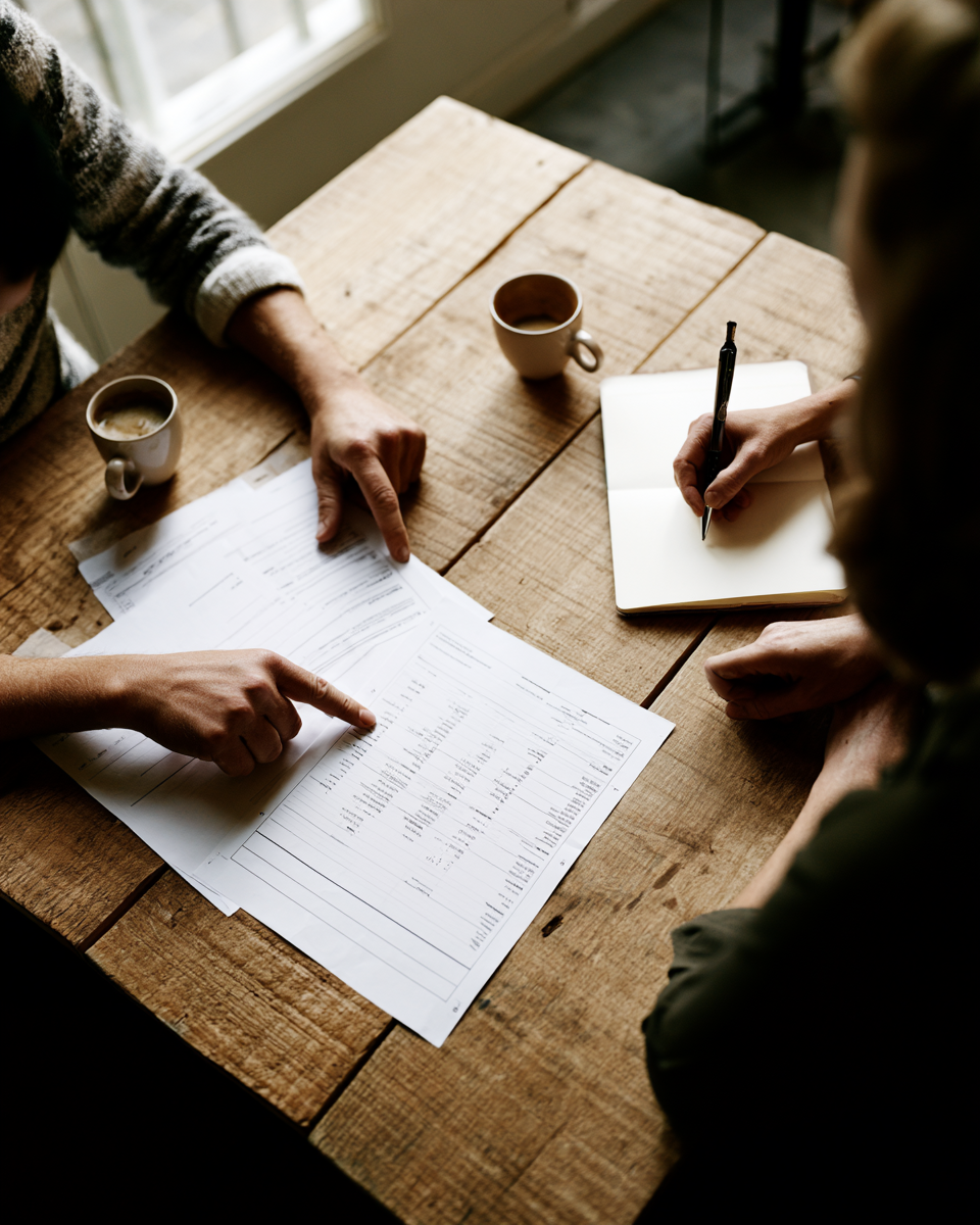 Twee mensen aan een houten tafel bespreken een financieel overzicht op papier