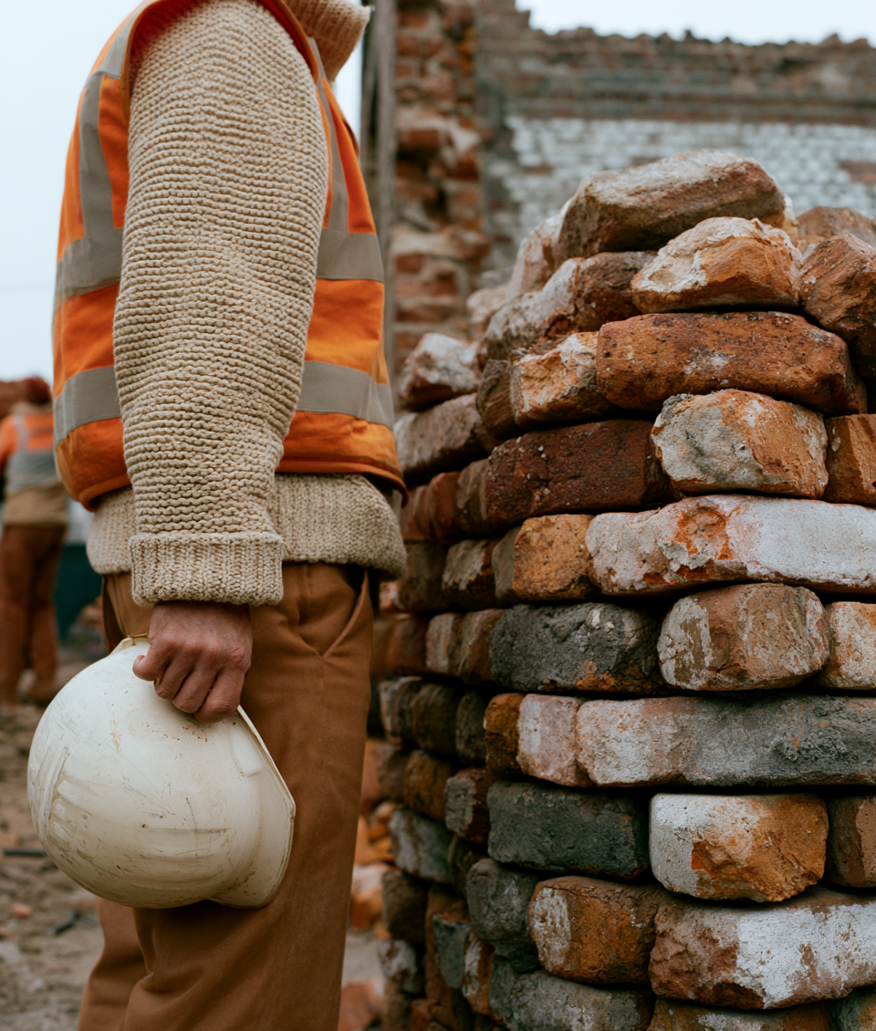 Bouwvakker met een helm in de hand naast een stapel gebruikte bakstenen op een bouwplaats